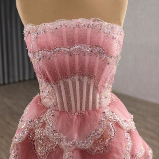 Layered Pink Formal Gown Prom Dress Beaded Corset Bodice & Tiered Ruffle A-Line Skirt - Rosymae