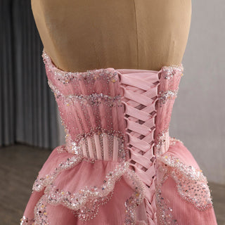 Layered Pink Formal Gown Prom Dress Beaded Corset Bodice & Tiered Ruffle A-Line Skirt - Rosymae
