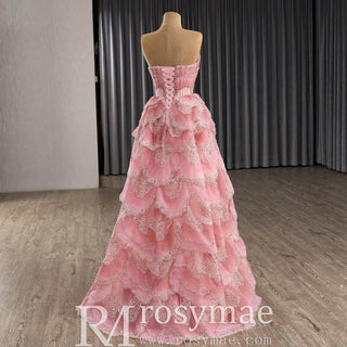 Layered Pink Formal Gown Prom Dress Beaded Corset Bodice & Tiered Ruffle A-Line Skirt - Rosymae