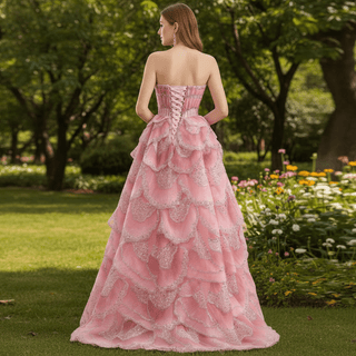 Layered Pink Formal Gown Prom Dress Beaded Corset Bodice & Tiered Ruffle A-Line Skirt - Rosymae