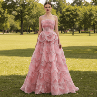 Layered Pink Formal Gown Prom Dress Beaded Corset Bodice & Tiered Ruffle A-Line Skirt - Rosymae