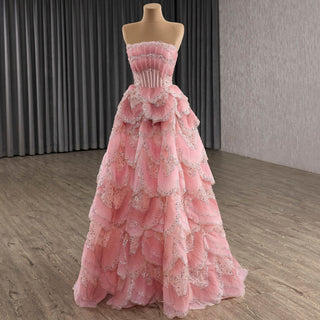 Layered Pink Formal Gown Prom Dress Beaded Corset Bodice & Tiered Ruffle A-Line Skirt - Rosymae