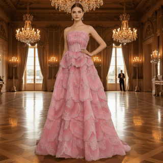 Layered Pink Formal Gown Prom Dress Beaded Corset Bodice & Tiered Ruffle A-Line Skirt - Rosymae