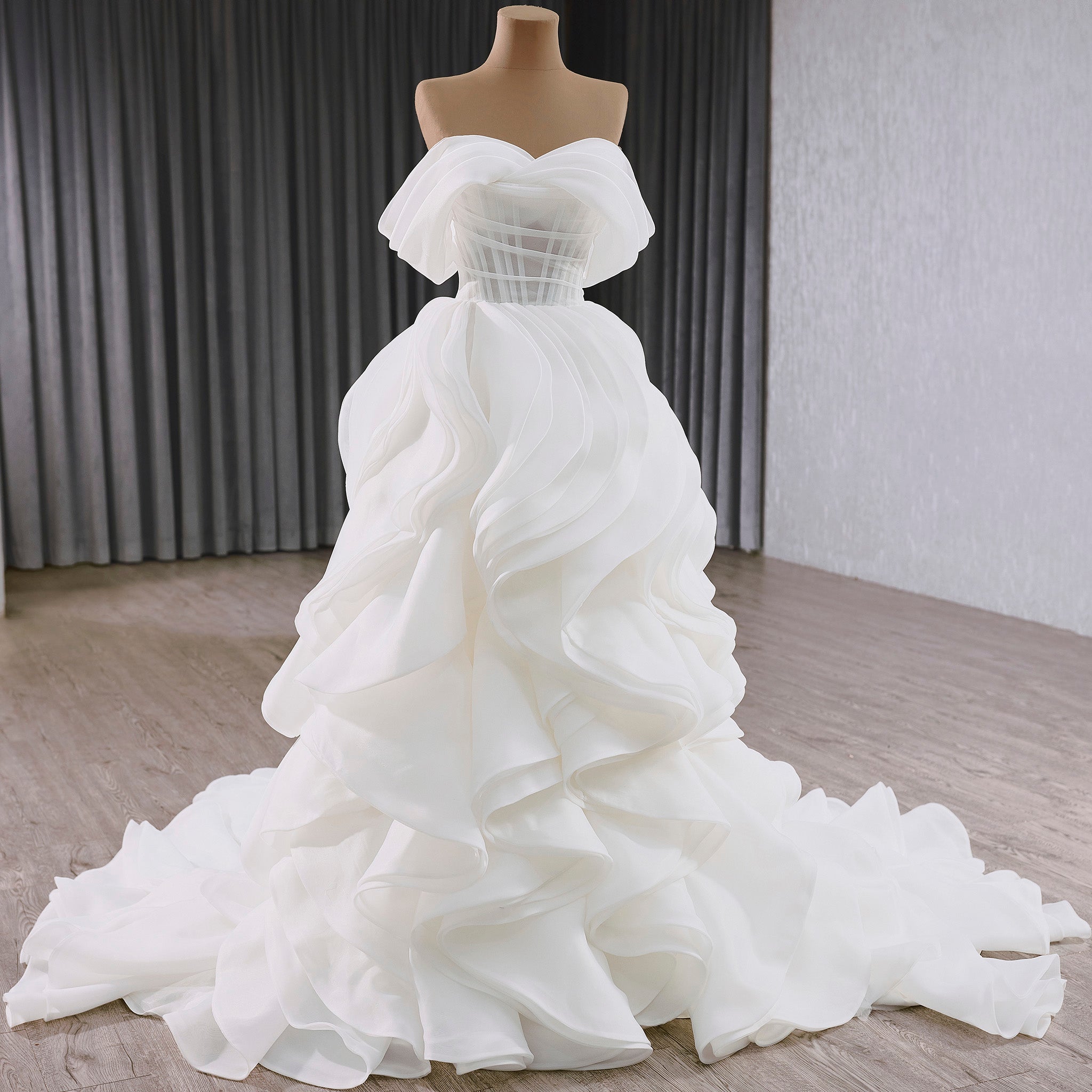 Off the Shoulder Layered Ruffle Wedding Dress with Sheer Bodice Off the Shoulder Layered Ruffle Wedding Dress with Sheer Bodice