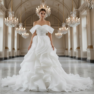 Off the Shoulder Layered Ruffle Wedding Dress with Sheer Bodice