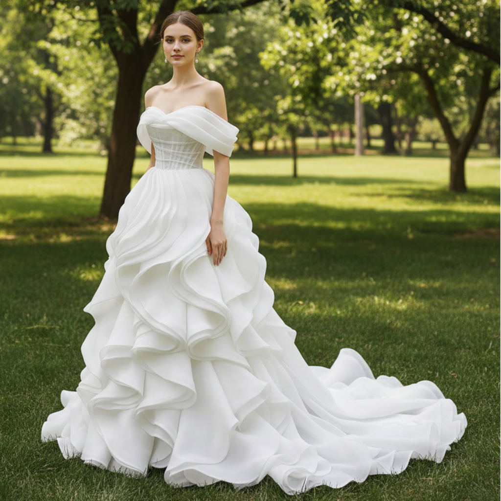 Off the Shoulder Layered Ruffle Wedding Dress with Sheer Bodice Off the Shoulder Layered Ruffle Wedding Dress with Sheer Bodice