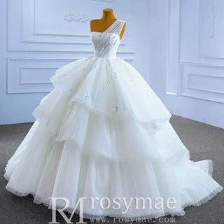 Layered Tulle Ball Gown Wedding Dress with One Shoulder - Rosymae