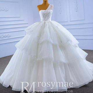 Layered Tulle Ball Gown Wedding Dress with One Shoulder - Rosymae