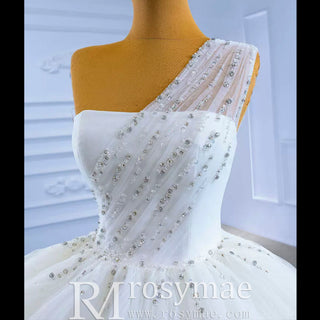 Layered Tulle Ball Gown Wedding Dress with One Shoulder - Rosymae