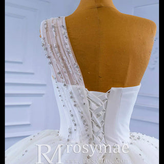 Layered Tulle Ball Gown Wedding Dress with One Shoulder - Rosymae