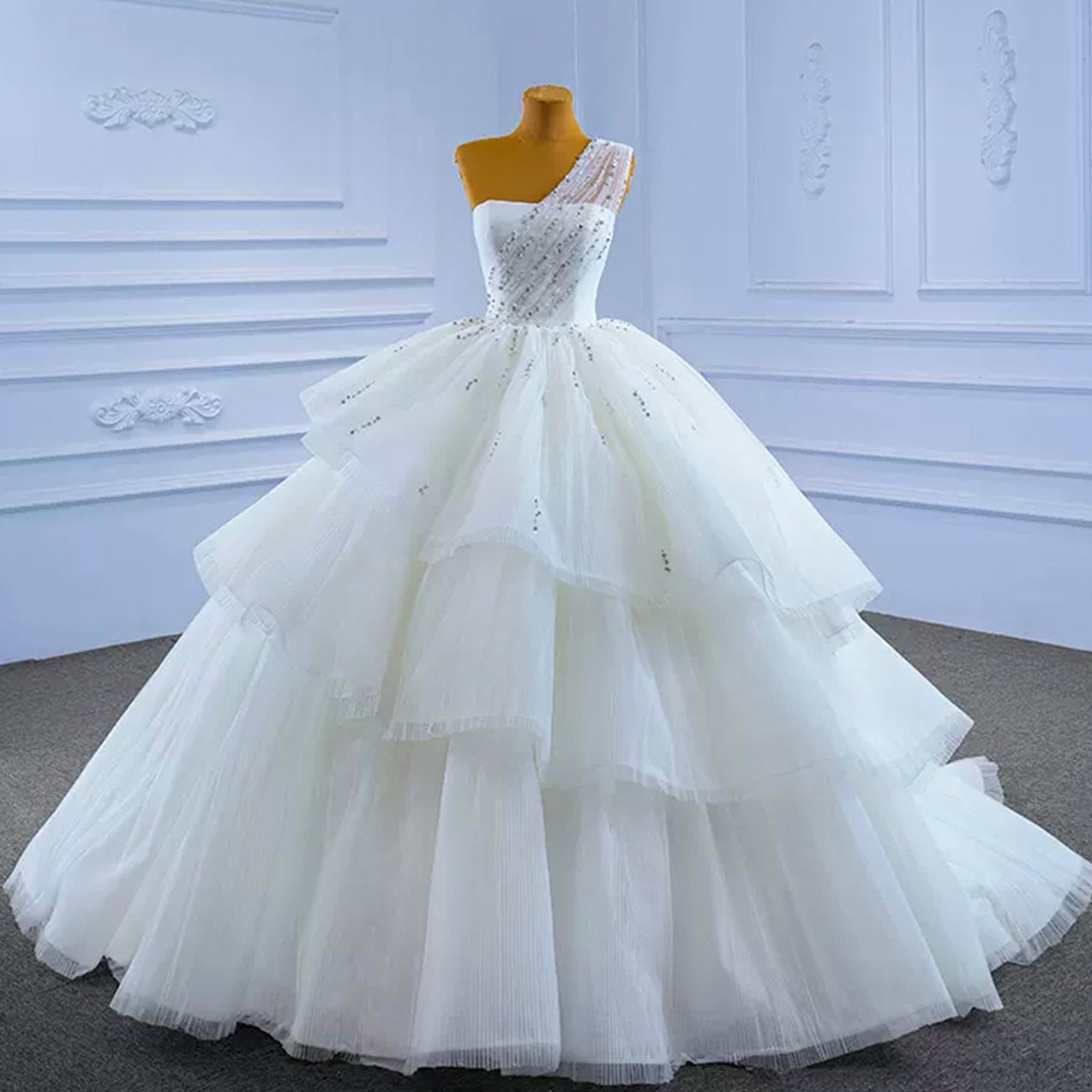 Layered Tulle Ball Gown Wedding Dress with One Shoulder - Rosymae