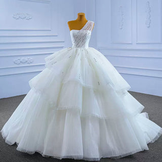Layered Tulle Ball Gown Wedding Dress with One Shoulder - Rosymae