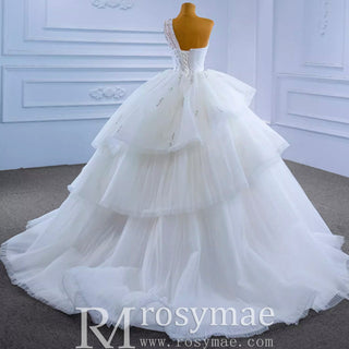 Layered Tulle Ball Gown Wedding Dress with One Shoulder - Rosymae