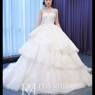 Layered Tulle Ball Gown Wedding Dress with One Shoulder - Rosymae