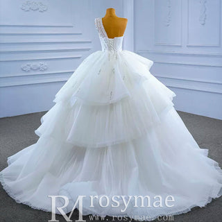 Layered Tulle Ball Gown Wedding Dress with One Shoulder - Rosymae