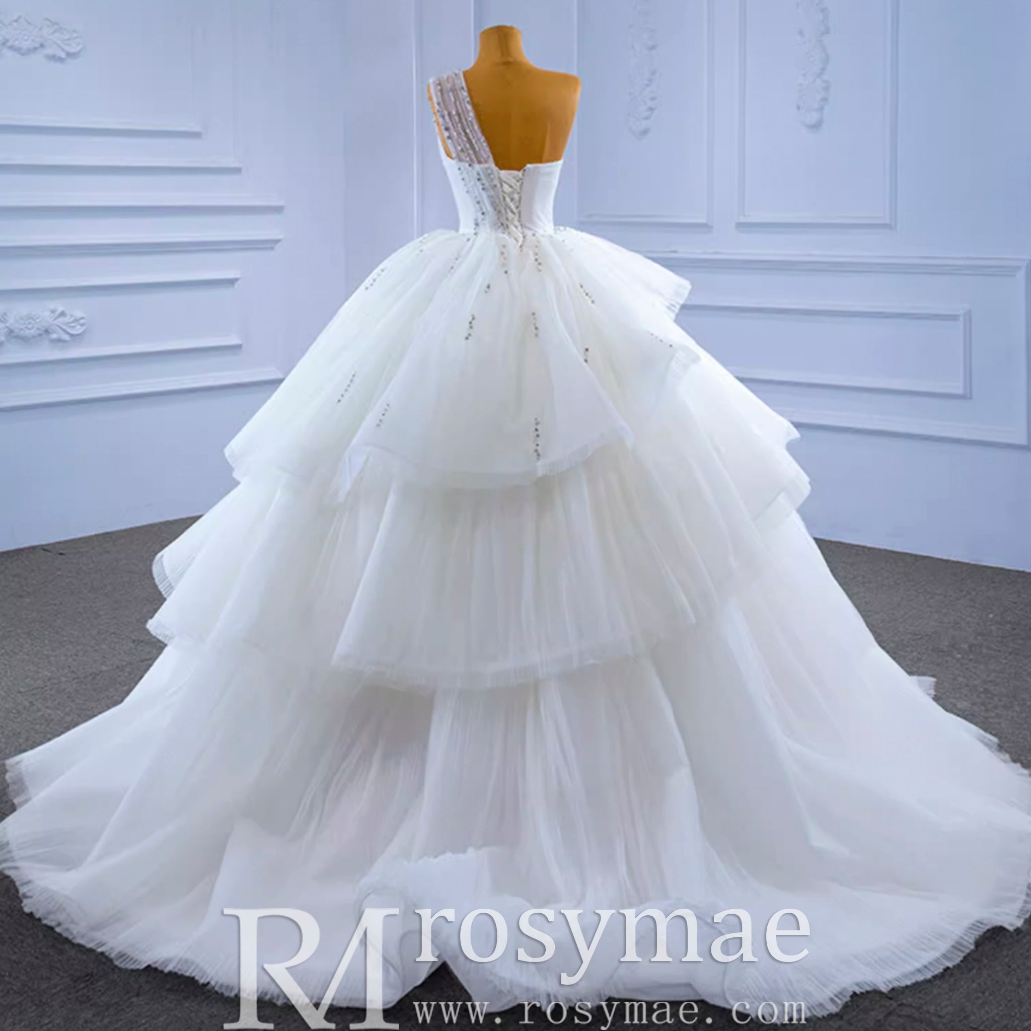 Layered Tulle Ball Gown Wedding Dress with One Shoulder - Rosymae