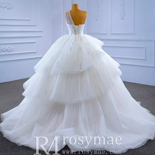 Layered Tulle Ball Gown Wedding Dress with One Shoulder - Rosymae
