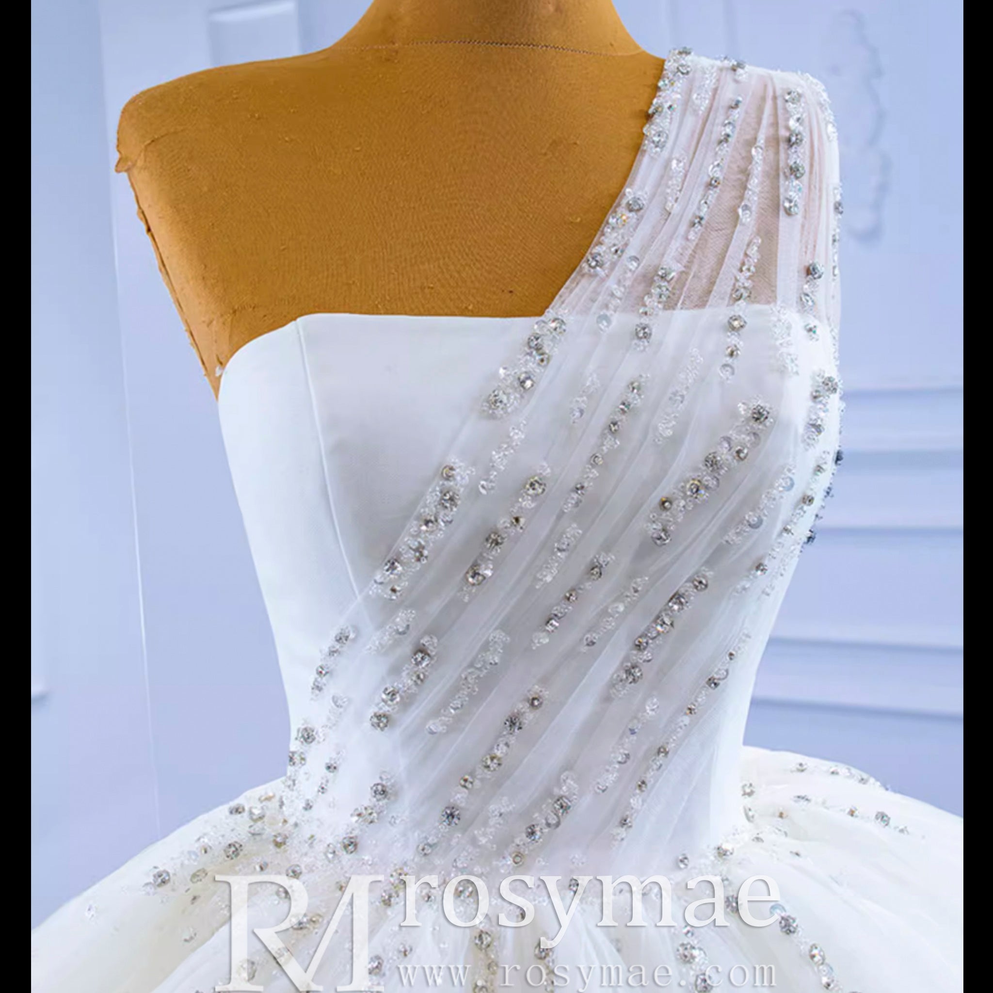 Layered Tulle Ball Gown Wedding Dress with One Shoulder - Rosymae
