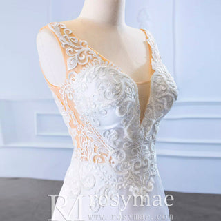 Leaf-Shape Train Mermaid Lace Satin Vneck Wedding Dress with Leg Slit - Rosymae