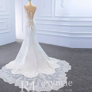 Leaf-Shape Train Mermaid Lace Satin Vneck Wedding Dress with Leg Slit - Rosymae