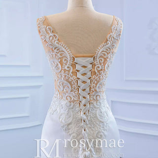 Leaf-Shape Train Mermaid Lace Satin Vneck Wedding Dress with Leg Slit - Rosymae