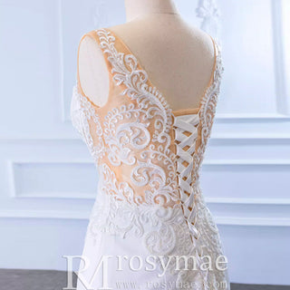 Leaf-Shape Train Mermaid Lace Satin Vneck Wedding Dress with Leg Slit - Rosymae