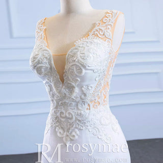 Leaf-Shape Train Mermaid Lace Satin Vneck Wedding Dress with Leg Slit - Rosymae