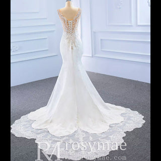 Leaf-Shape Train Mermaid Lace Satin Vneck Wedding Dress with Leg Slit - Rosymae