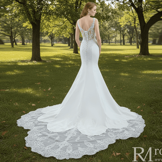 Leaf-Shape Train Mermaid Lace Satin Vneck Wedding Dress with Leg Slit - Rosymae