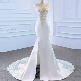 Leaf-Shape Train Mermaid Lace Satin Vneck Wedding Dress with Leg Slit - Rosymae