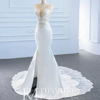 Leaf-Shape Train Mermaid Lace Satin Vneck Wedding Dress with Leg Slit - Rosymae