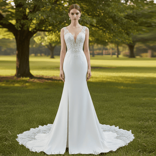 Leaf-Shape Train Mermaid Lace Satin Vneck Wedding Dress with Leg Slit - Rosymae