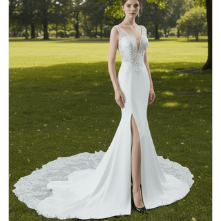 Leaf-Shape Train Mermaid Lace Satin Vneck Wedding Dress with Leg Slit - Rosymae