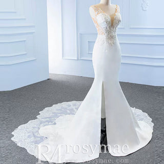 Leaf-Shape Train Mermaid Lace Satin Vneck Wedding Dress with Leg Slit - Rosymae