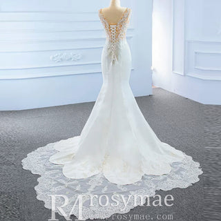 Leaf-Shape Train Mermaid Lace Satin Vneck Wedding Dress with Leg Slit - Rosymae