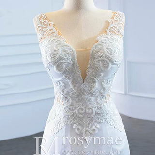 Leaf-Shape Train Mermaid Lace Satin Vneck Wedding Dress with Leg Slit - Rosymae