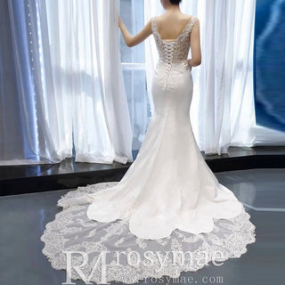 Leaf-Shape Train Mermaid Lace Satin Vneck Wedding Dress with Leg Slit - Rosymae