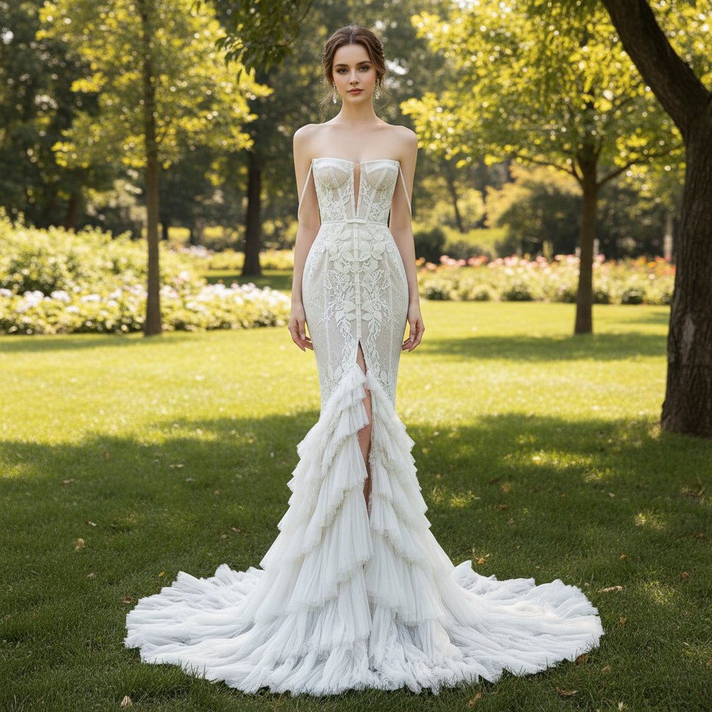 Leg Slit Lace Mermaid Wedding Dress with Spaghetti Straps - Rosymae