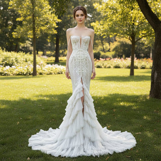 Leg Slit Lace Mermaid Wedding Dress with Spaghetti Straps - Rosymae