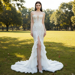 Leg Slit Lace Mermaid Wedding Dress with Spaghetti Straps - Rosymae