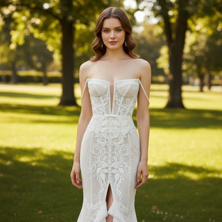 Leg Slit Lace Mermaid Wedding Dress with Spaghetti Straps - Rosymae