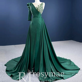 Leg Slit Overskirt Prom Dresses with One Shoulder Long Sleeve - Rosymae