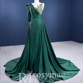 Leg Slit Overskirt Prom Dresses with One Shoulder Long Sleeve - Rosymae