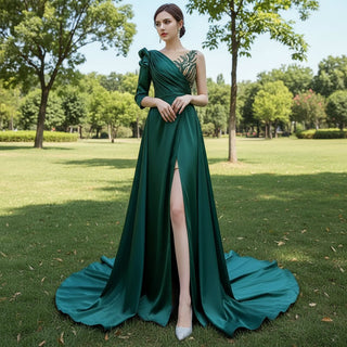 Leg Slit Overskirt Prom Dresses with One Shoulder Long Sleeve - Rosymae