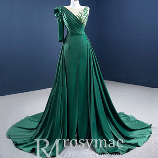 Leg Slit Overskirt Prom Dresses with One Shoulder Long Sleeve - Rosymae