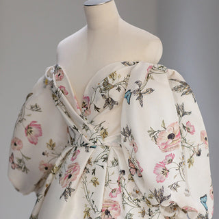 Leg Split Print Floral Formal Evening Dress With Puff Sleeves - Rosymae