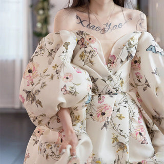Leg Split Print Floral Formal Evening Dress With Puff Sleeves - Rosymae