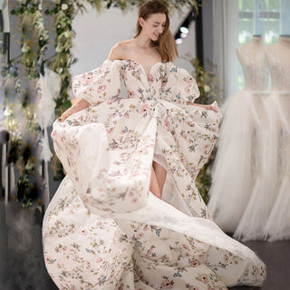 Leg Split Print Floral Formal Evening Dress With Puff Sleeves - Rosymae