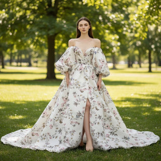 Leg Split Print Floral Formal Evening Dress With Puff Sleeves - Rosymae