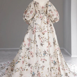 Leg Split Print Floral Formal Evening Dress With Puff Sleeves - Rosymae